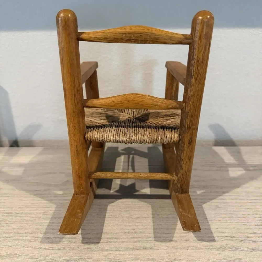 VINTAGE SMALL BROWN WOOD ROCKING CHAIR‎ HANDCRAFTED WICKER 9